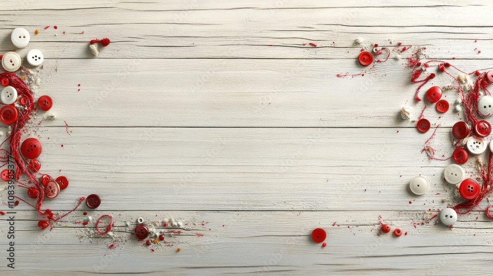 Poster a creative arrangement of red and white buttons and threads on a wooden background.