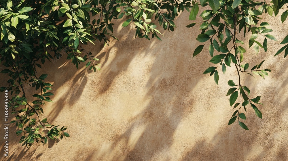 Poster a tree with leaves is casting a shadow on a wall