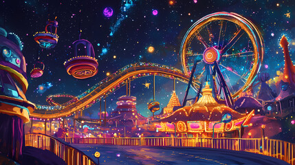 Obraz premium Galactic fairground where rides and attractions defy the laws of physics offering thrills and excitement to visitors from across the cosmos who seek adventure among the stars. Galactic. Illustration