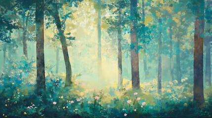 watercolor painting illustration of sunlit lush green woodland in spring or summertime with small wildflower blooms