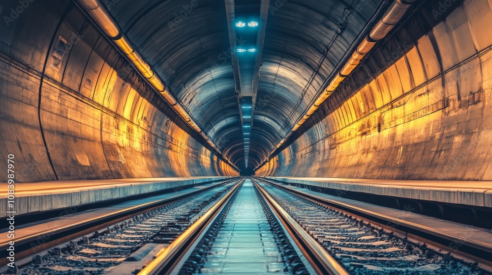 Fototapete captivating perspective of a dimly lit train tunnel with gleaming rails and a converging vanishing p