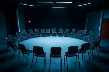 Chairs are perfectly arranged in a circle, awaiting meaningful discussions in a tranquil space