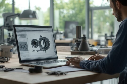Engineer designing mechanical parts using cad software on laptop