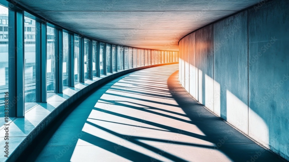 Fototapete Artistic architectural corridor with light and shadow interplay, featuring a smooth curved design and minimalistic elements, creating a modern and tranquil atmosphere.