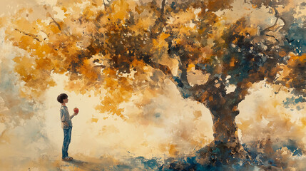 watercolor painting illustration, a boy holding an ripe apple fruit under apple tree