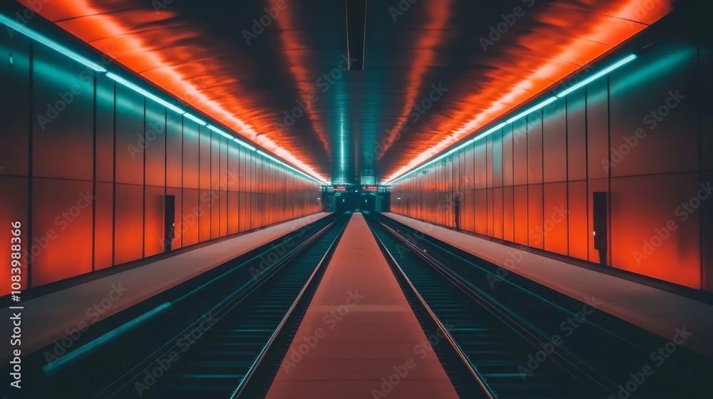 Aufkleber Futuristic Subway Station with Vibrant Neon Lighting and Symmetrical Design, Showcasing Long Empty Tracks and Smooth Surface in Urban Environment