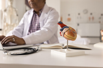 Cardiologist works on laptop, closeup heart model on desk. Medical worker accessing patient card to...