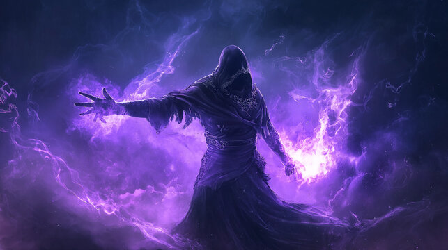 ambient fantasy scenery of a mage using his magic power casting glowing purple arcane ball over his hand