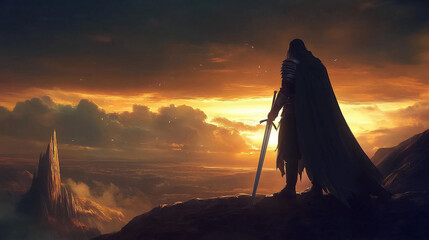 Fototapeta premium ambient fantasy scenery of a warrior holding big sword at mountain top standing against evening sunlight