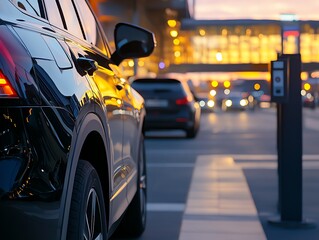 Car rental lot with clear signs marking vehicle types and parking rows