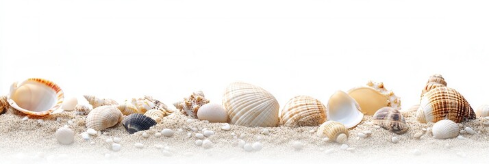 Obraz premium Seashells on Sand Panoramic Beach Scene with White Background, Summer Vacation, Coastal Relaxation, Ocean Decor, Nature Texture