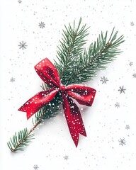 Festive Christmas Pine Branch with Red Bow, Snowflakes, and Winter Wonderland Background - Holiday Season Stock Photo