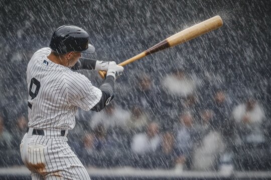 Baseball Player Batting in Rainy Weather