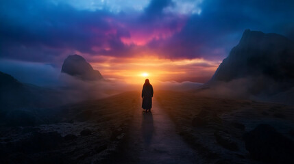 Fototapeta premium silhouette shadow of a man walking alone on long way country road with sunset sky