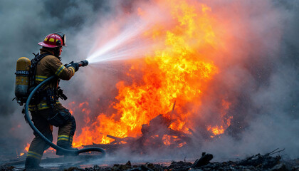 Obraz premium A firefighter combats a fierce blaze, water cutting through smoke and flames dynamically.