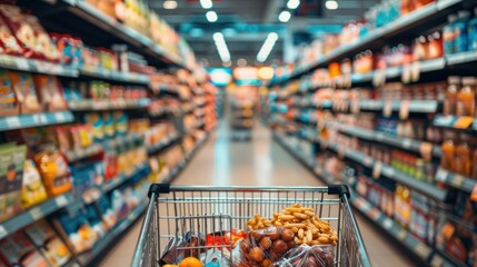Fototapeta premium Supermarket trolley concept full of different groceries on blurred supermarket background