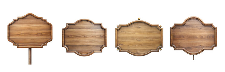 Wooden Signboard Collection Four rustic, ornate wooden signboards, perfect for adding a touch of vintage charm to your designs.  Each sign offers a blank canvas for your message.