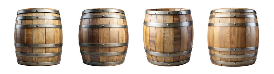 Obraz premium Four Wooden Barrels Rustic charm meets practical storage in this photo of four traditional wooden barrels, each showcasing a unique patina and the craftsmanship of their construction.