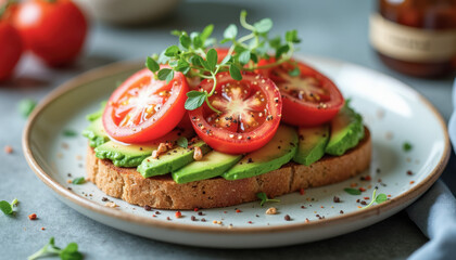 Fresh avocado and tomato artisan sandwich with microgreens on a rustic plate