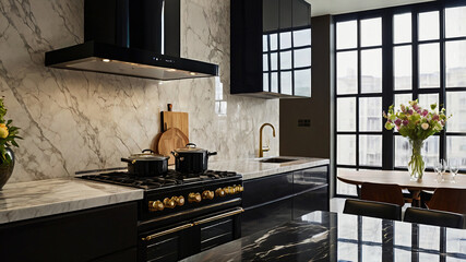 Elegant contemporary loft kitchen featuring a black glass induction hob with built-in hood or an aspirating induction hob on marble light stoneware countertop panels and a flower vase.