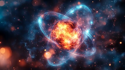 Obraz premium A symbolic image of atoms colliding, emitting colorful light bursts