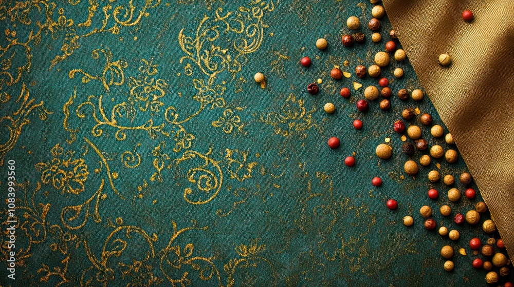 Poster A textured background with decorative patterns and scattered colored beads.