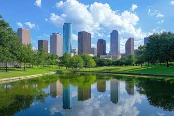 Fototapeta premium Scenic Houston Skyline with Leafy Park Reflection