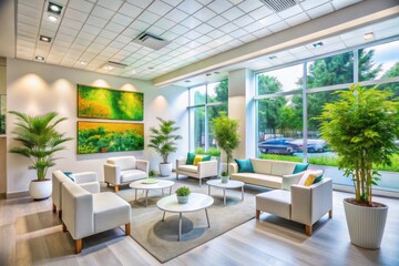 Bright and Airy Modern Hospital Waiting Area with White Decor and Art, Featuring Comfortable Seating and Natural Light for a Calming Patient Experience