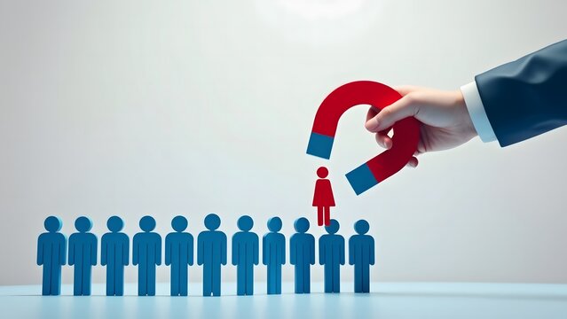 Magnet attracting individuals concept symbolizing recruitment marketing and leadership