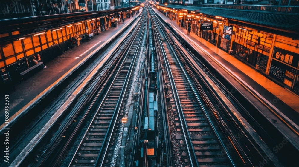Aufkleber captivating urban railroad tracks at night with dramatic lighting and empty platform space in a mode