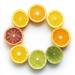 Fototapeta premium Vibrant Citrus Circle Colorful Orange, Lemon, Lime, and Blood Orange Slices on White Background - Fresh Fruit, Healthy Food, Vitamin C