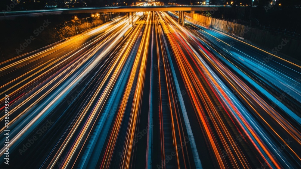Aufkleber dynamic nighttime traffic flow with colorful light trails on urban highway captured from above, show