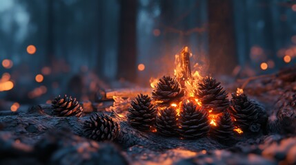Campfire Scene with Pinecones and Wood Logs