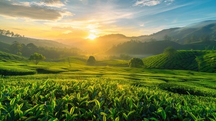 Tea plantation hills at sunrise time, beautiful landscape background