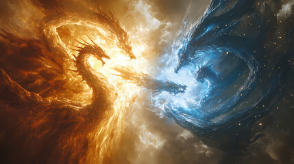 Fototapeta premium Cosmic dragons of stellar flame and galactic ice engaged in a celestial duel within the swirling vortex of a collapsing star's remnants. Galactic. Illustration