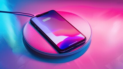 Technology banner with minimalist wireless charging pad and smartphone, soft gradient background, space for text