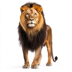 Fototapeta premium Majestic Male Lion with Dark Mane, Standing on White Background - Powerful Wildlife Photography