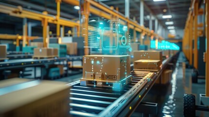 Naklejka premium Technology retail warehouse, the process of Industry 4.0 involves digitalization and visualization, cardboard boxes, and product delivery infographics within the logistics and distribution center.