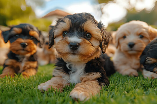 Photo Adorable Cavapoo Puppies Relaxing on Lush Green Grass