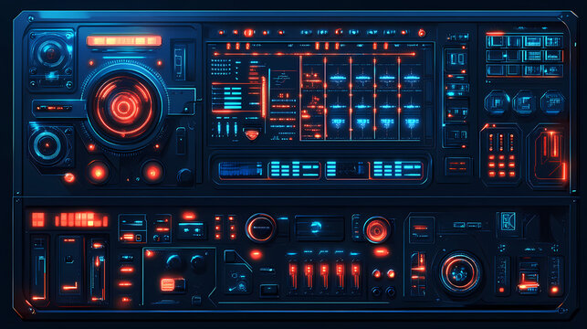 Futuristic sci fi cockpit control panel with glowing digital interface and buttons. Galactic. Illustration