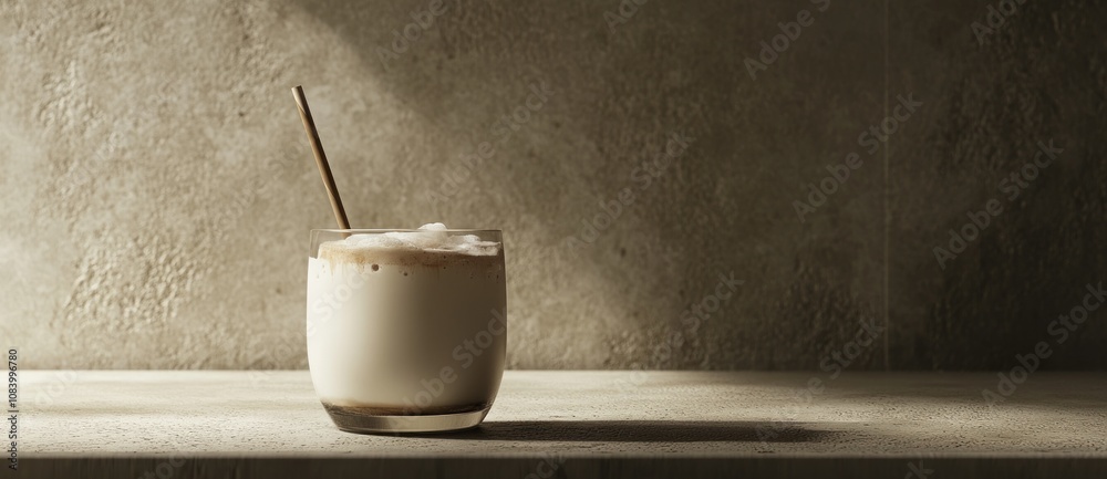 Poster a glass of frothy beverage with a straw on a textured surface.