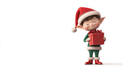 cheerful elf character wearing red hat and green outfit holds gift box, spreading holiday joy. Perfect for festive themes