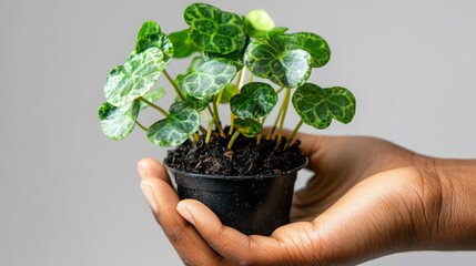 Hand Holding a Small Potted Plant on a White Background