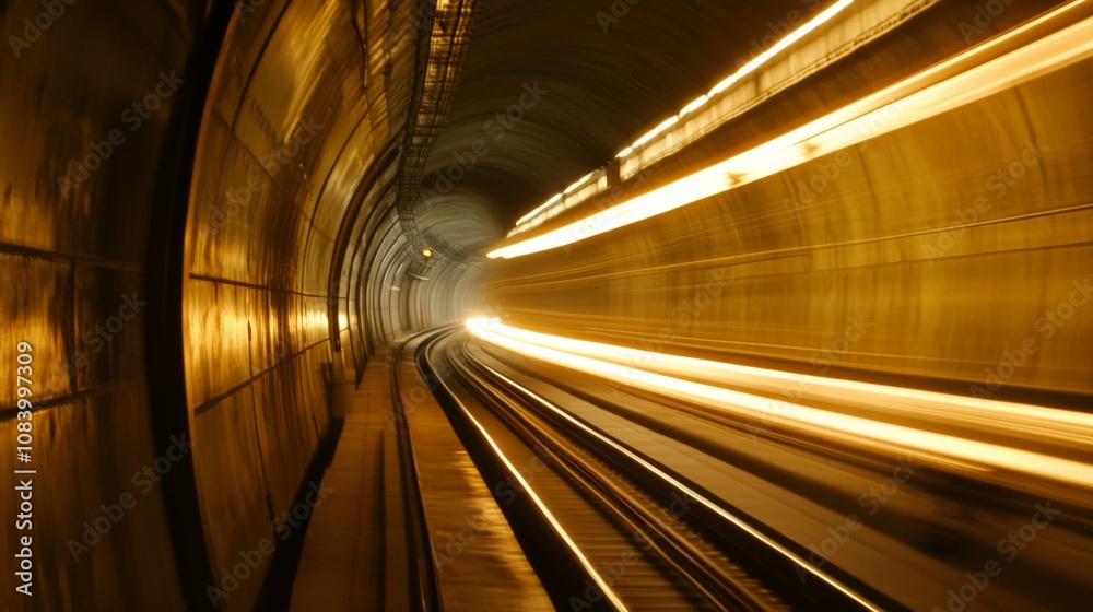 Fototapete high-speed train racing through a dimly lit tunnel with motion blur effect, conveys speed and dynami