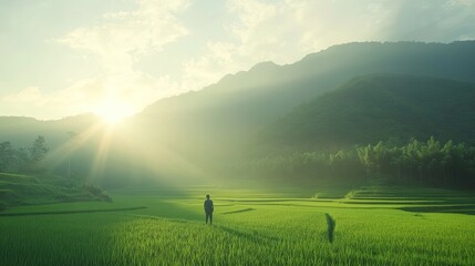 Fototapeta premium Solitary figure in vibrant green rice paddy field at sunrise, majestic mountains in background.