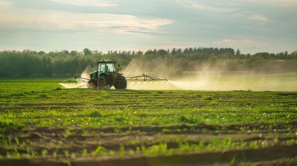 Fototapeta premium Tractor spraying pesticides, copy space, free space for text, green farm field with young sprouts background, rural landscape