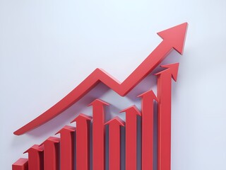 A 3D render of a red upward arrow graph with a rising trend. The graph has a few data points, but the overall trend is upward. The arrow is cut out and placed on a white background. The arrow has a sm