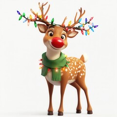 Adorable 3D Render of a Christmas Reindeer with Lights, Festive Holiday Decoration, Cartoon Reindeer Character