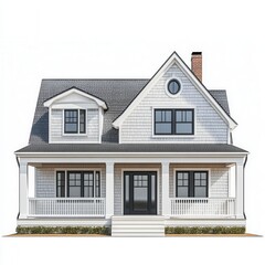 Modern White Shingle-Style House Exterior with Front Porch, Landscaping, and Brick Chimney - Architectural 3D Rendering.