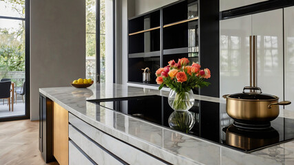 Elegant contemporary loft kitchen featuring a black glass induction hob with built-in hood or an aspirating induction hob on marble light stoneware countertop panels and a flower vase.